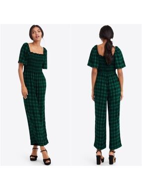 Draper James Maren Plaid Smocked Jumpsuit L Green Square Neck Wide Leg